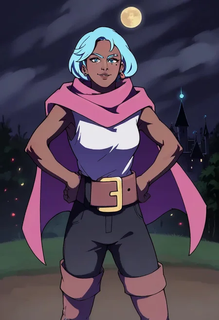 score_9_up, score_8_up, score_7_up, score_6_up, 1girl, solo, Zi'Assunta_Belpaese, earrings, blue hair, short hair, dark-skinned female, blue eyes, mole under eye, pink cape, white shirt, bare arms, belt, black trousers, brown thigh boots, standing proudly, hands on hips, outside castle, outdoors, night, full moon, proud smile, (fantasy art, painted art, realistic)