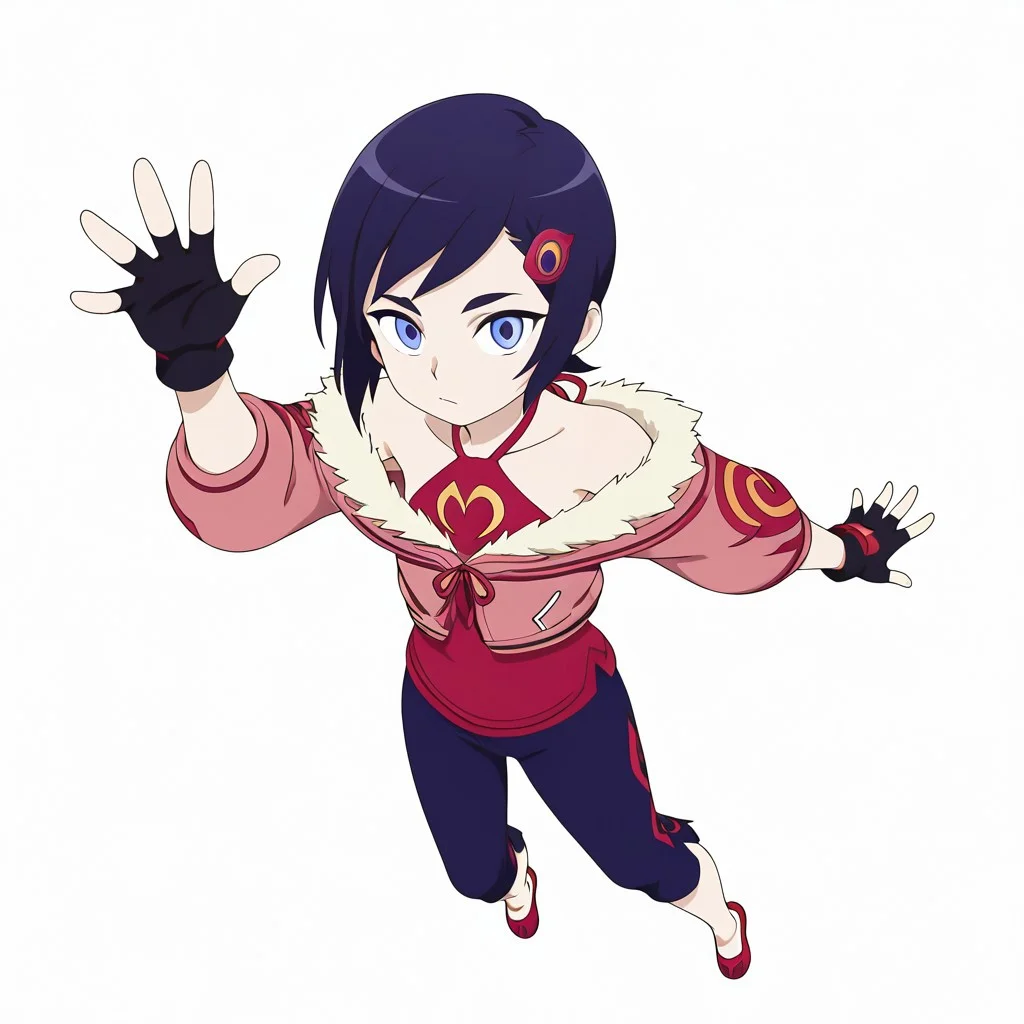 white background, 1girl, Bare shoulder, short hair, Fingerless gloves, black gloves, capri pants, halterneck, fur trim jacket, red shoes,
Full body, one hand raising, jumping, from above, looking at viewer,