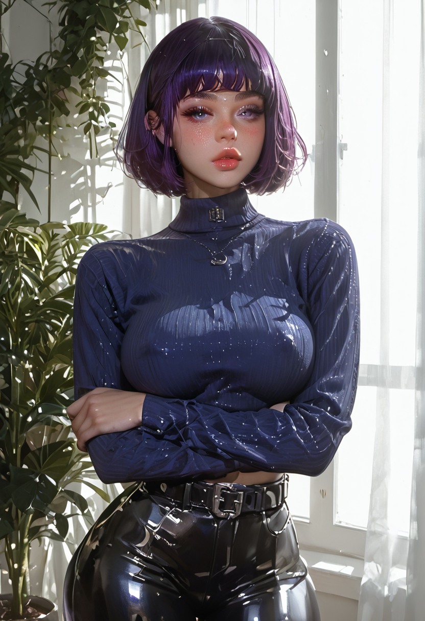 score_9, score_8_up, score_7_up, high detailed, high quality, masterpiece, no text, quality highlights, 8k detail, ultra-detailed, 18yr, 18 years old, short girl, 1girl, solo, breasts, short bob cut hair, purple hair, goth girl, heavy freckles, pale skin, blush, big purple eyes, blue sweater, ribbed sweater, black pants, black belt,  skinny, thin waist, large hips, leg gap, sexy body, dynamic pose,  covered nipples,  crossed arms,  cowboy shot, (rich interior design:1.2), indoor plant,, Expressiveh, cute face,morimee_style, latex outfit <lora:Expressive_H-000001:1.0000000000000002> <lora:Dramatic_Lighting_Slider:2.0000000000000004> <lora:AIã¤ã©ã¹ããããã_(2):1.0000000000000002> <lora:MoriiMee_Gothic_Niji_Style__Pony_LoRA:1.0000000000000002> <lora:None:2.0000000000000004>