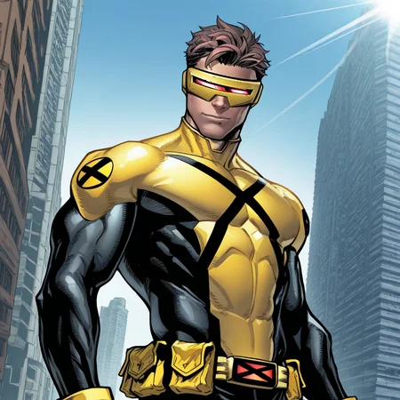 sc0t30m3r1c1c3, brown hair, 1boy, solo, male focus, yellow visor, yellow and black bodysuit, black sleeves, black x, yellow belt, yellow gloves, black pants, upper body, close up, standing, outdoors, city, sky, day, dynamic light, sunlight, looking at viewer, light smile,  <lora:Cyclops:1>