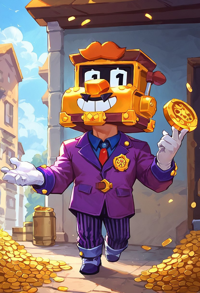 score_9,score_8_up,score_7_up, solo, 1boy, bs_griff, slot machine mask, smile, purple jacket, striped trousers, shoes, white gloves, muscular, walking on gold coins, looking to viewer,