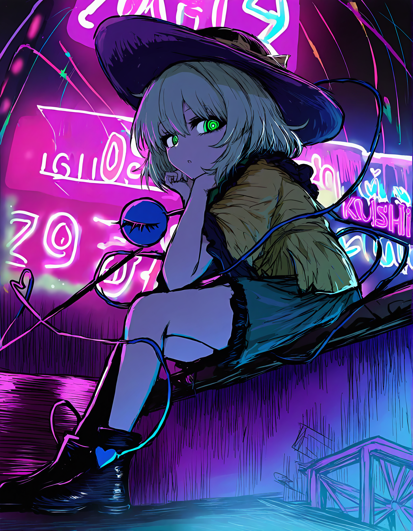 sushi yuusha toro, 1girl, solo, komeiji koishi, neon lights, neon palette,
very awa, masterpiece, best quality, year 2024, newest, highres, absurdres, <lora:black-souls-style-noobai-vpred10-prodigy-DoRA-debiased:1>