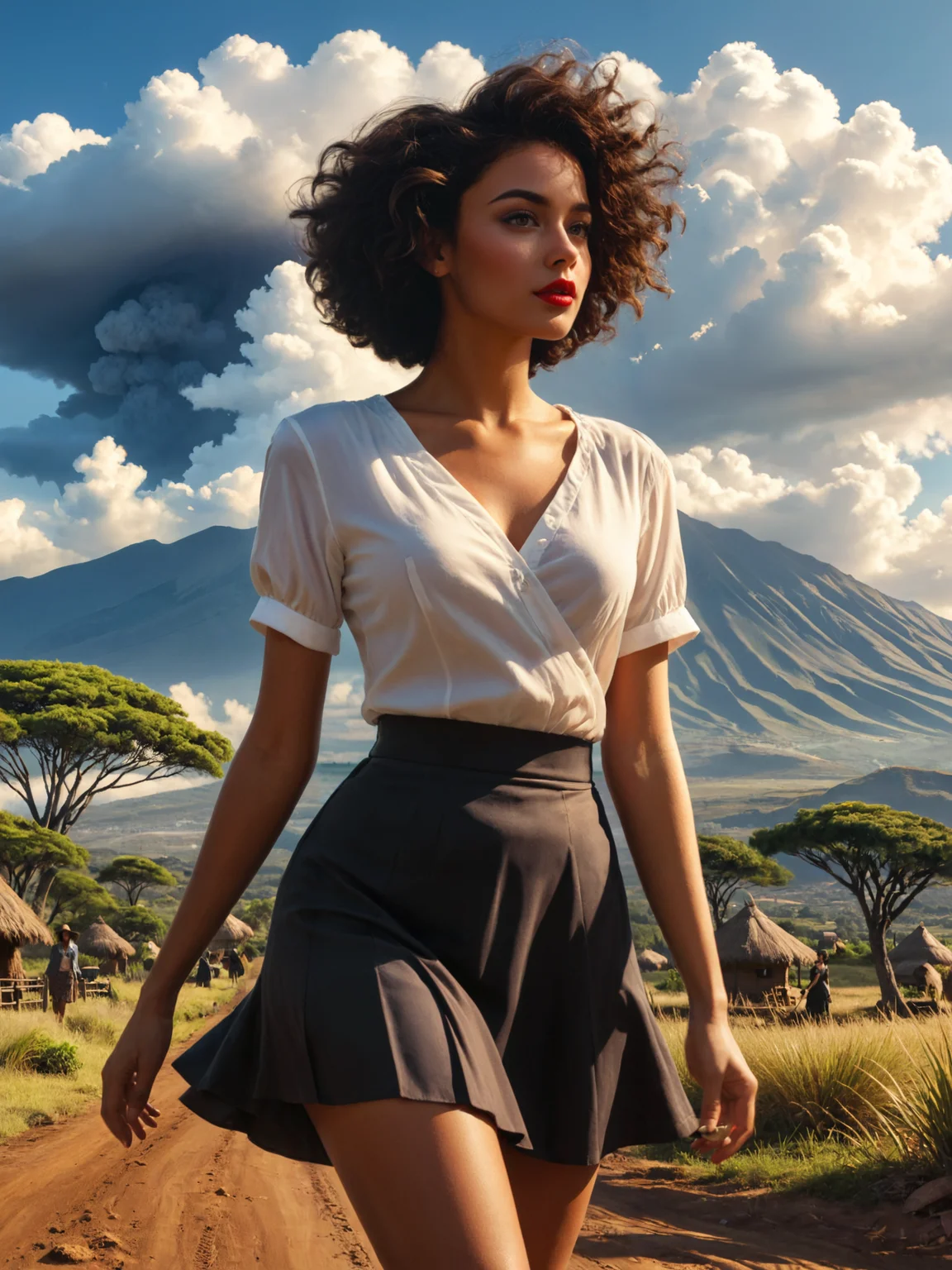 Envision a masterpiece rendered in ultra-HD detail: a full-body profile of a black woman walking, her expression serious, Her short, curly hair is tousled by the wind, and she wears light lipstick, her attire consists of a short-sleeved top and skirt, 20 year old, with the majestic Mount Kilimanjaro of Africa backdrop, the image is captured in professional 4K|8K HDR, highlighting extremely high-resolution details, photographic realism is intensified, featuring textures lifelike, all set against a stark contrast of vivid sunlight and deep shadows.