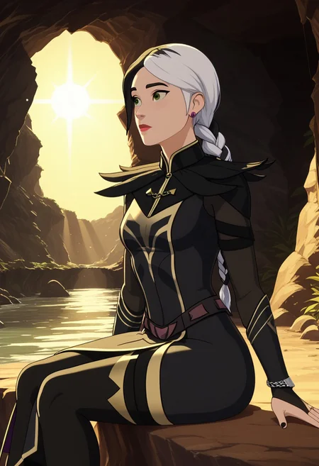 Score_9, Score_8, Score_7, TDPStyle, Claudia, Black and White Hair, Braided, Black Mage Outfit, Green Eyes, Lipstick, sitting in a cave, looking into the distance, with sunlight filtering through the windows, 1girl,