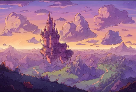 score_9, score_8_up, score_7_up, nature, landscape, castle, fantasy, purple, dawn, swirling clouds, jagged rocks, dark outline, sharp focus, dragon flying