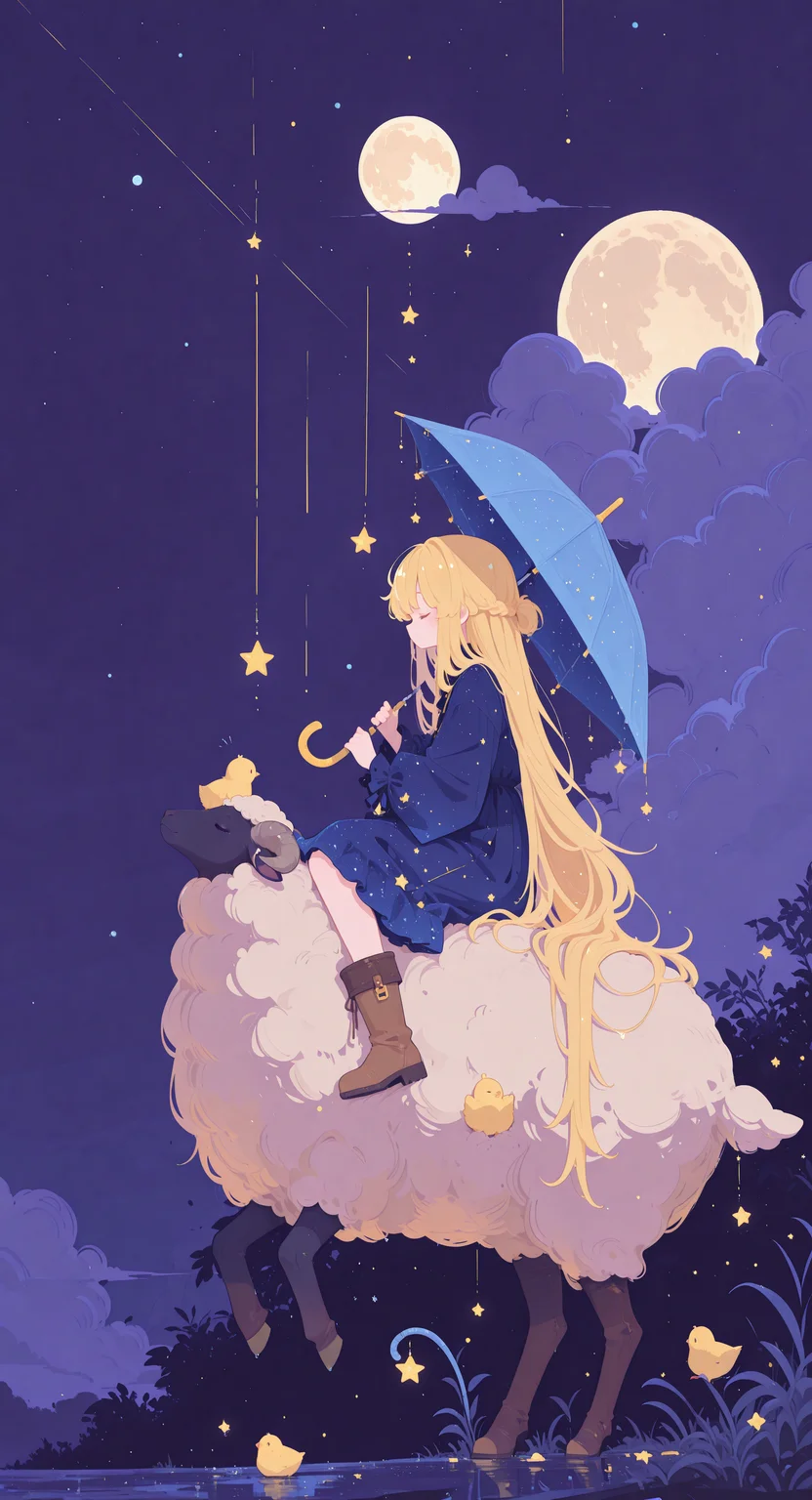 masterpiece, best quality, good quality, newest, highres, absurdres, 1girl, solo, long hair, blonde hair, long sleeves, dress, holding, very long hair, sitting, closed eyes, boots, sky, cloud, star \(symbol\), from side, profile, blue dress, night, bird, animal, brown footwear, umbrella, moon, star \(sky\), night sky, full moon, starry sky, holding umbrella, riding, chick, sheep, blue umbrella, Ethereal Brushstroke,
Flat vector illustration,
h4ra_illu,
momosp <lora:illustriousXL_stabilizer_v1.23:0.3> <lora:NOOB_vp1_detailer_by_volnovik_v1:0.3> <lora:ponyv6_noobE11_2_adamW-000017:0.45> <lora:Illustrious:0.15> <lora:checkpoint-e18_s306:1.3> <lora:hara_id_21:0.85> <lora:MomoSweetSpaceILL:0.8>