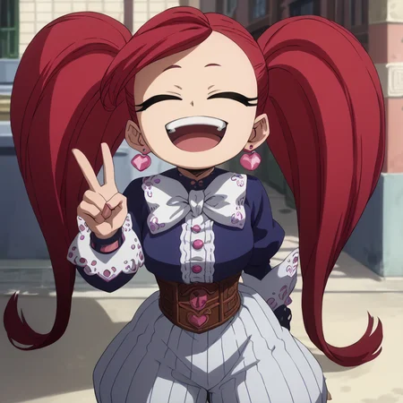 <lora:SlimesLaBrava:1>, score_9, score_8_up, score_7_up, slimes_labrava, 1girl, portrait, twintails, red hair, waist up shot, peace handsign, laughing, alley background