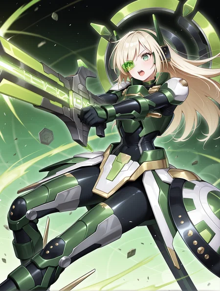 green power armor, sky striker ace - hayate, mecha musume, official alternate costume, aiming, solo, green relief, holding green relief, green headgear, black bodysuit, green armored gloves, green breastplate, green mechanical boots, green tinted eyewear, green mechanical backpack, one eye covered, 1girl, open mouth, v-shaped eyebrows, teeth, upper teeth only, black mechanical halo,
masterpiece,best quality,amazing quality,very aesthetic,absurdres,newest,<lora:Sky striker ace - Raye illusXL v1:0.85>,