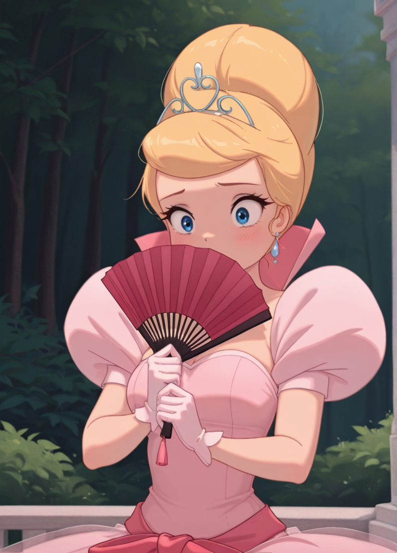 masterpiece, best quality, amazing quality, very aesthetic, absurdres, newest, detailed background, 4k, 8k, outdoors,
lottiexd, 1girl, solo, dress, hand fan, blonde hair, gloves, pink dress, crown, tiara, folding fan, earrings, jewelry, holding fan, ribbon, puffy sleeves, white gloves
<lora:Charlotte_LaBouff_-_Disney_Illustrious:1>