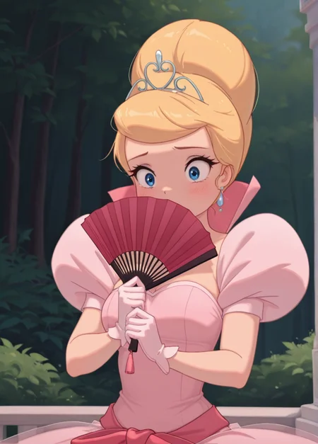 masterpiece, best quality, amazing quality, very aesthetic, absurdres, newest, detailed background, 4k, 8k, outdoors,
lottiexd, 1girl, solo, dress, hand fan, blonde hair, gloves, pink dress, crown, tiara, folding fan, earrings, jewelry, holding fan, ribbon, puffy sleeves, white gloves
<lora:Charlotte_LaBouff_-_Disney_Illustrious:1>