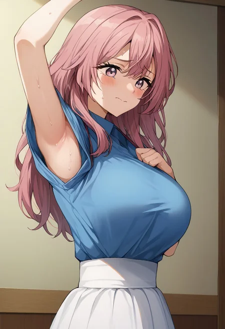 Masterpiece, Highest Quality, Score_9, Score_8_up, Score_7_up, source_anime. anime style. masterpiece, highres, absurdres. Best resolution.
shinju inui, long hair, pink hair, pink eyes, large breasts, skirt, shirt, short sleeves, white skirt, blue shirt, embarrassed.
sweat. crying face.
pulling clothes to show armpit. hold clothes with one hand. armpit