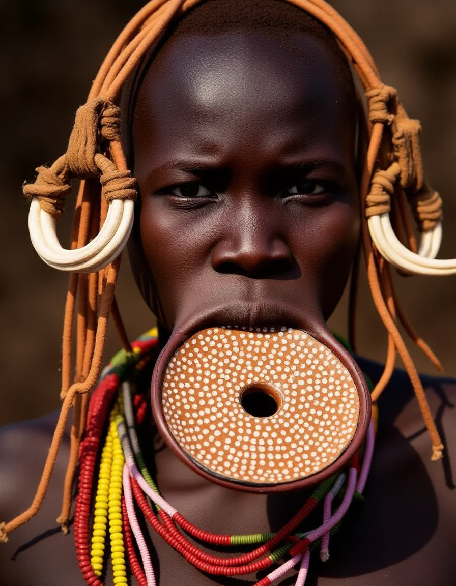 a Murs1 woman, showcasing her distinct facial features and traditional adornments. Her skin is a rich, deep brown, with high, prominent cheekbones and a broad, flat nose, emphasizing her striking natural beauty. Her piercing gaze exudes strength and wisdom, a reflection of her cultural resilience. Her ears are adorned with intricately designed wooden or clay plugs, extending her earlobes in traditional style. Around her neck are multiple layers of carefully hand-strung, colorful beaded necklaces, each bead telling a story of heritage and identity. Her hair is styled in short, tight braids coated with organic mud and natural pigments in earthy ochre tones. The iconic large ceramic lip plate (dhebi a tugoin) accentuates her appearance, decorated with fine hand-painted patterns symbolizing Murs1 artistry. Every detail, from her facial features to her traditional jewelry, is rendered in highly realistic textures and vibrant detail, capturing the essence of her identity within the cultural context.
<lora:mursi:1>