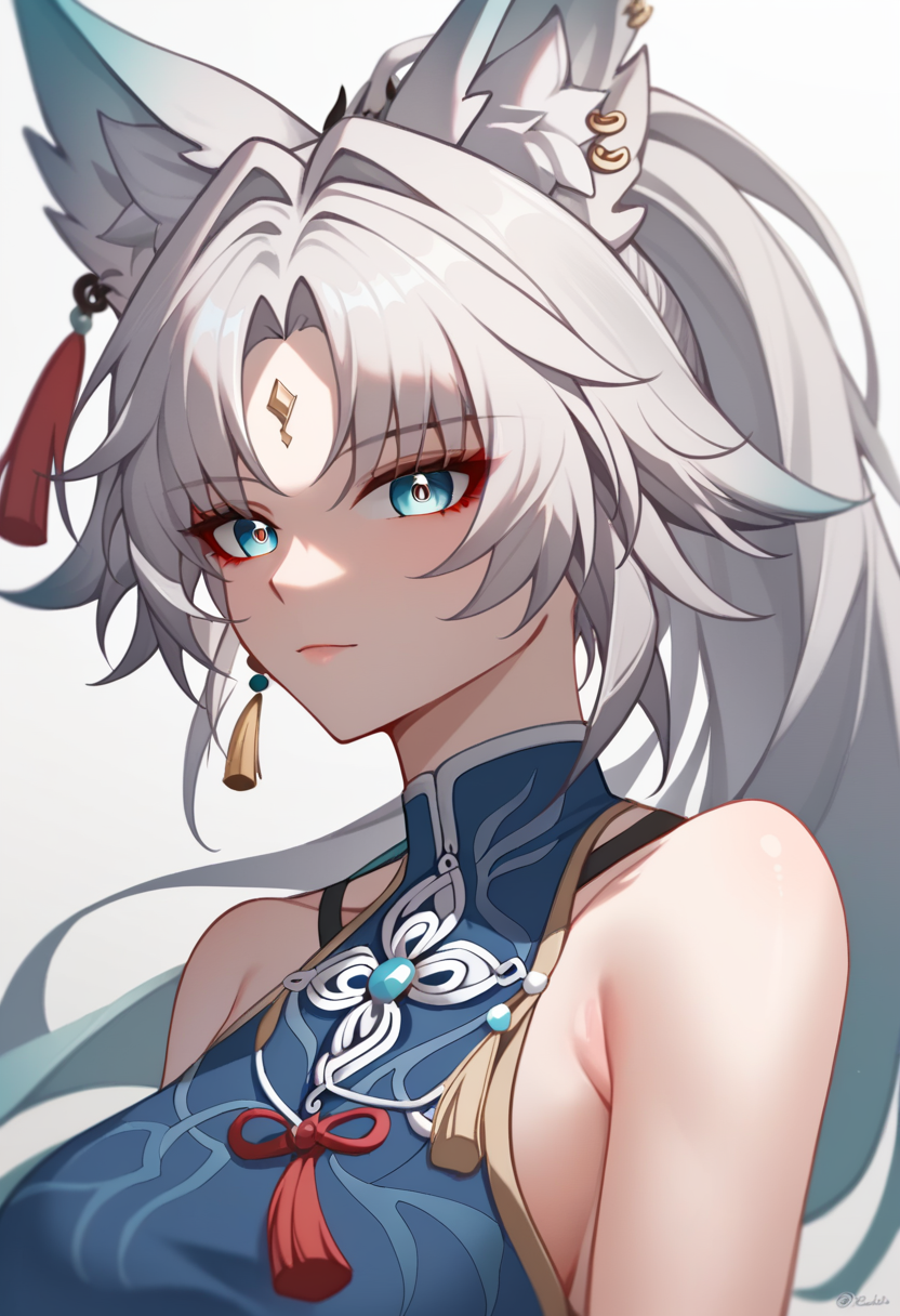 score_9,score_8_up,score_7_up,<lora:feixiao_v2:1>,portrait,forehead_mark,twitter_username,upper_body,sleeveless_shirt,1girl,looking_at_viewer,feixiao_\(honkai:_star_rail\),absurdres,simple_background,white_background,animal_ear_fluff,tassel,animal_ear_piercing,blue_shirt,highres,solo,large_breasts,
