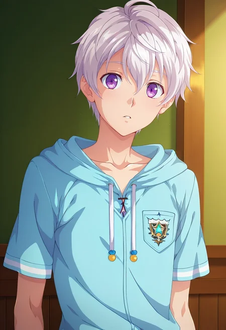 masterpiece, best quality, , anime screencap, anime coloring, , looking at viewer, , 1boy, solo, male focus, <lora:felix_clermont_ilxl:0.9>, felix_clermont, white hair, purple eyes, ahoge, , ,