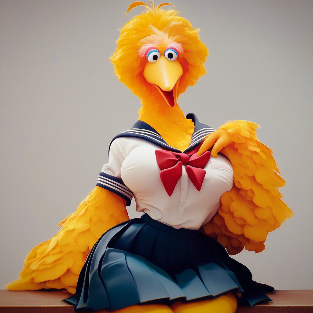 score_9, score_8_up, score_7_up, score_6_up, score_5_up, solo, Big Bird, yellow feathers, bird legs, orange legs, large breasts, large hips, school uniform, pleated skirt