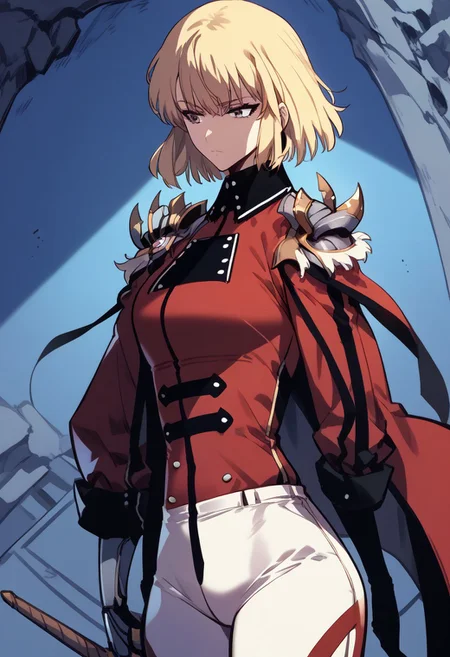 zPDXL3, score_9_up, score_8_up, score_7_up, (Anime_source), 1girl, ChaHae-In, brown eyes, blonde hair, short hair, Red S-rank "Blonde female in red military-style coat with silver armor on shoulders and elbows, paired with white pants and silver leg armor, creating a sleek, modern warrior look." Her his kick on stomach