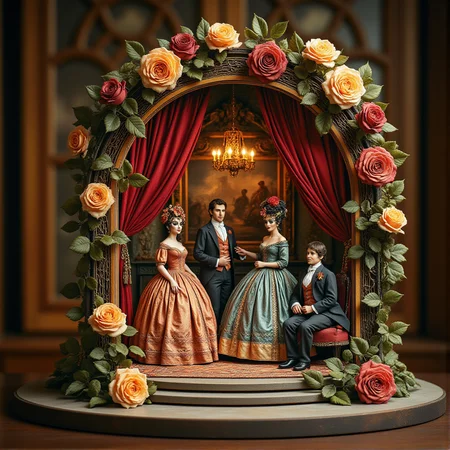Miniature diorama of a masquerade ball next to a bouquet of roses, detailed digital illustration of a masquerade ball held in a palace, 19th century, colorful dresses, masks, well-dressed women, glamorous, lascivious and somewhat decadent atmosphere, <lora:Flux.1_Turbo_Detailer:0.7>, <lora:Diorama_Flux:0.8>