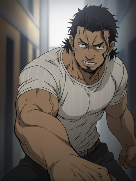 1boy, arnold_gangsta, black hair, dark_skin,  tight_striped_t-shirt, Curly hair,medium hair, goatee beard, veiny arms,score_8_up, score_7_up, score_6_up, score_9_up, (manly), (muscular), stocky body, (big muscle), (big arms), middle-age man, centered,looking at viewer, abs_focus, First-person perspective, pov, detailed eyes, 8k uhd, high quality, anime color,  alley, fighting pose, <lora:Arnold:0.6>, <lora:umikochannartv2:0.6>,