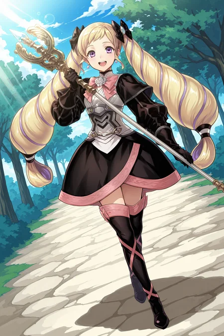anime screencap, anime coloring, detailed face, masterpiece, best quality, very aesthetic, absurdres, bokeh, volumetric lighting, official style, amazing quality, ultra detailed,  highres, amazing quality, scenery, beautiful detailed hair,
 <lora:Elise_Fire_Emblem_Heroes:.8>
outside, trees, day, blue sky,
Elise standard attire, 
 elise (fire emblem), 1girl, solo,
long hair, blonde hair, purple eyes, twintails, 
full body, staff,  boots, jewelry, black sleeves, thigh boots, thighhighs, black hairbow, earrings, open mouth, gloves, 
high angle, looking at the viewer, :D, smile, happy girl, cute girl,