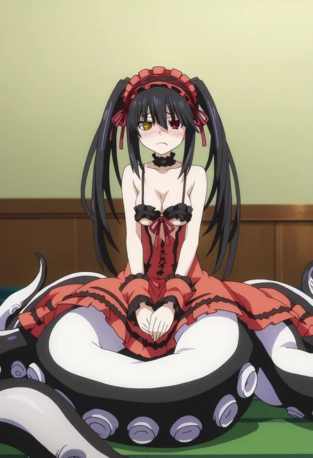 score_9, score_8_up, score_7_up, source_anime,
BREAK
<lora:shiTentV1:1>,
shihalfacle, scylla, monster girl, tentacles, suction cups, tentacle hair,
colored sclera, colored skin, bottomless, fang, lamia, underboob, octopus,
1girl, solo, anime screencap, anime coloring,
<lora:shiKurumiV2:1> kurdef, long hair, black hair, twintails, red eyes, yellow eyes, clock eyes, heterochromia, hairband, bare shoulders, detached sleeves, choker, red dress, cleavage, bow,
looking at viewer, blush, shy,
indoors, school, sitting,