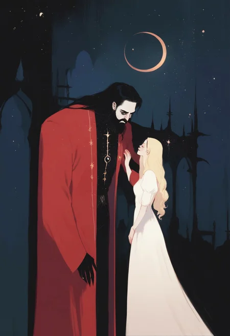 score_9, score_8_up, score_7_up, score_6_up, score_5_up, <lora:watXLP:0.7> count dracula with his wife, 1girl, 1 man, long hair, crescent moon, night, dracula castle, starry sky, glowing, size difference, kiss, count dracula with red robe, black elegant, rich decorated clothes, black hairs, his wife has white dress and blonde hairs, dracula has beard and big moustache,