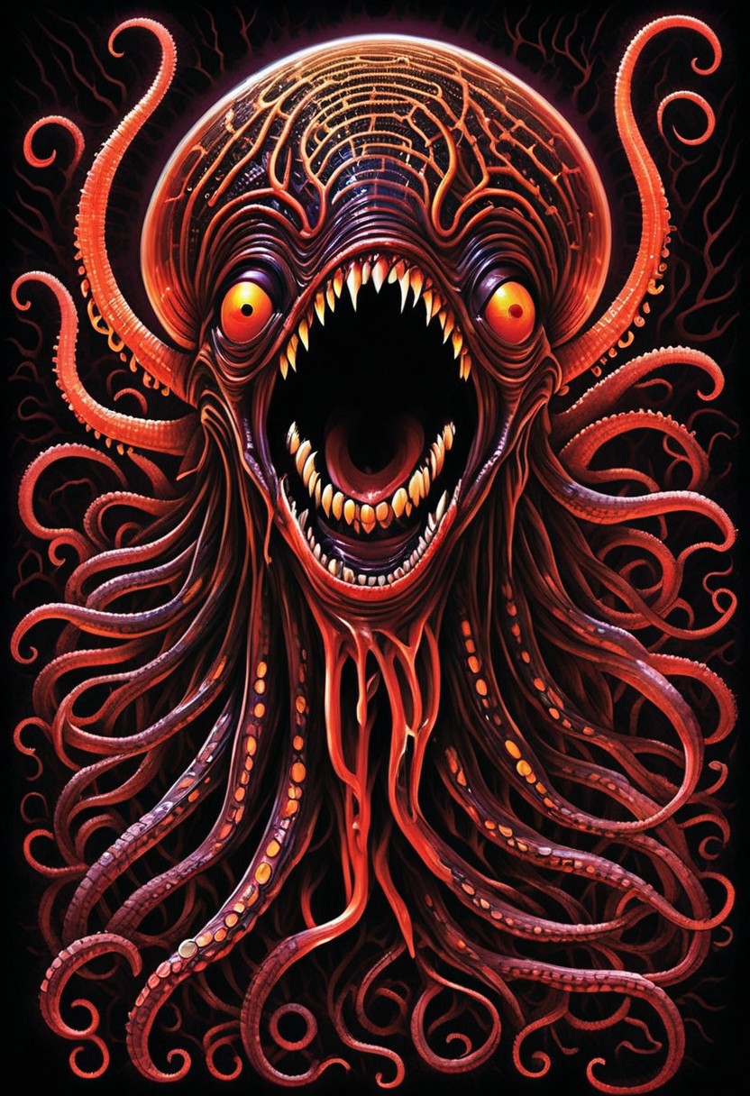 A highly detailed, vibrant artwork portrays a monstrous alien creature resembling a colossal octopus, predominantly black with a glossy, reflective texture, exuding a menacing, otherworldly aura. Its head features several large, curved, glowing red horns, intensifying its fearsome presence. The creature's eyes are enormous and luminescent, with a sinister, hypnotic gaze, and its mouth gapes open, revealing sharp, jagged teeth. The thick, segmented tentacles, vibrant in red-orange, contrast starkly against its dark body, coiling and writhing to suggest motion and peril. Set against a deep, dark blue background, the creature's vivid colors pop, making it strikingly prominent. The artwork's style is hyper-detailed and surreal, emphasizing exaggerated, nightmarish features. Bold, contrasting colors and intricate textures craft a visually stunning and unsettling image, capturing the viewer's attention and evoking intense dread. This piece echoes themes of science fiction and horror, highlighting. strange little creatures