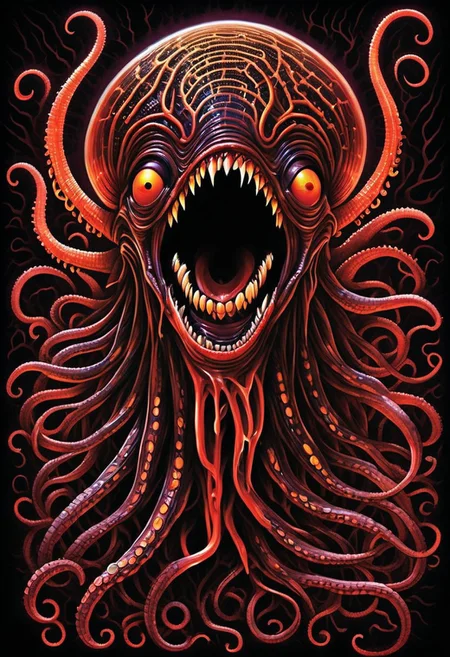 A highly detailed, vibrant artwork portrays a monstrous alien creature resembling a colossal octopus, predominantly black with a glossy, reflective texture, exuding a menacing, otherworldly aura. Its head features several large, curved, glowing red horns, intensifying its fearsome presence. The creature's eyes are enormous and luminescent, with a sinister, hypnotic gaze, and its mouth gapes open, revealing sharp, jagged teeth. The thick, segmented tentacles, vibrant in red-orange, contrast starkly against its dark body, coiling and writhing to suggest motion and peril. Set against a deep, dark blue background, the creature's vivid colors pop, making it strikingly prominent. The artwork's style is hyper-detailed and surreal, emphasizing exaggerated, nightmarish features. Bold, contrasting colors and intricate textures craft a visually stunning and unsettling image, capturing the viewer's attention and evoking intense dread. This piece echoes themes of science fiction and horror, highlighting. strange little creatures