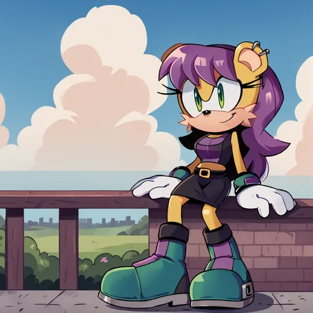 score_9, score_8_up, score_7_up, mina mongoose, yellow fur, furry female, animal ears, earrings, outside, blue sky, clouds, detailed background, body fur, green eyes, skirt, gloves, boots, stripped boots, miniskirt, belt, midriff, sleeveless, large breasts, wide hips, posing, purple hair, long hair, smile, <lora:Minamongoose:0.85> <lora:TMoStH_v2-1:1> (tmosth), (flat color, black shading, sloppy coloring), hatching \(texture\)