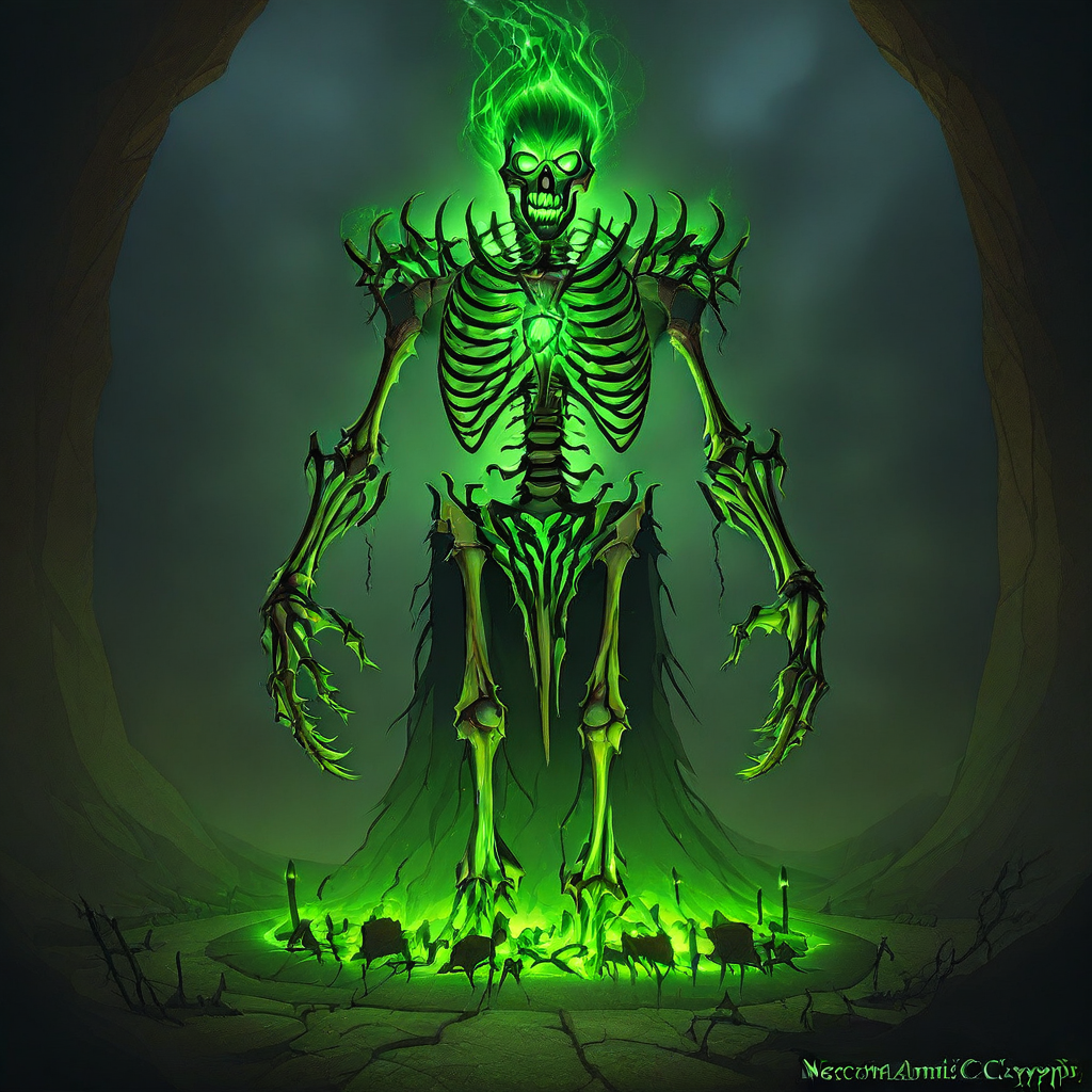 glowing green necromantic circle, skeletal hands rising, green mist swirling, dark candlelit crypt, highly detailed, atmospheric, dark fantasy style