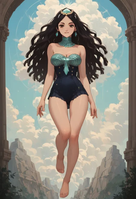 <lora:add-detail-xl:1.3>, score_9, score_8_up, score_7_up, score_6_up, score_5_up, score_4_up, rating_expilcit, 16K UHD, masterpiece, highest quality, rating_explicit, 1girl, solo, slimes_amaryllis, black hair, brown eyes, undressing, sexy posing, flirting, medium breasts, breast exposed, bare shoulders, bare legs, bare feet, g0thicPXL, sexy pose, pinup pose, seductive smile, horny, biting lips, Expressiveh, dynamic angle, dynamic pose, (cartoon), afrobullstyle, vivid colors, colorfull, full body shot, negative_hand, sunny day, temple background