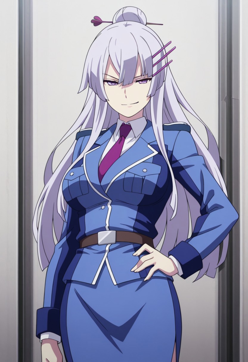 masterpiece,best quality,amazing quality, source_anime, 
Froleytia, 1girl, solo, purple eyes, purple hair, long hair, hair ornament, single hair bun, hair stick, uniform, shirt, white shirt, collared shirt, necktie, purple necktie, jacket, blue jacket, belt, skirt, blue skirt, hand on hip, smirk,
indoor,