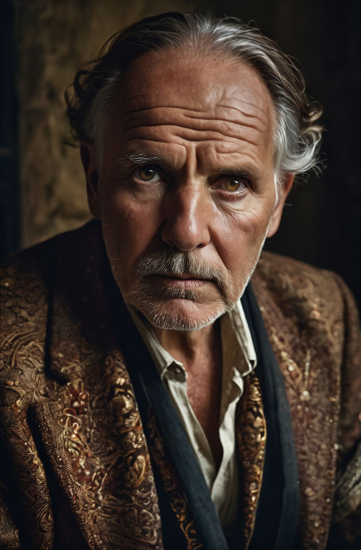 glamour portrait shot (from above:0.5) of rich sophisticated old european in fancy clothes, ((overwhelming fatigue)), wrinkles of age, photorealistic, moody colors, gritty, masterpiece, best quality, (intricate details), (****), eldritch, glow, glowing eyes, (volumetric lighting), unique pose, dynamic pose, dutch angle, 35mm, anamorphic, lightroom, cinematography, film grain, HDR10, 8k hdr, Steve McCurry, ((cinematic)), RAW, color graded portra 400 film, remarkable color, raytracing, subsurface scattering, hyperrealistic, extreme skin details, skin pores, deep shadows, contrast, dark theme,