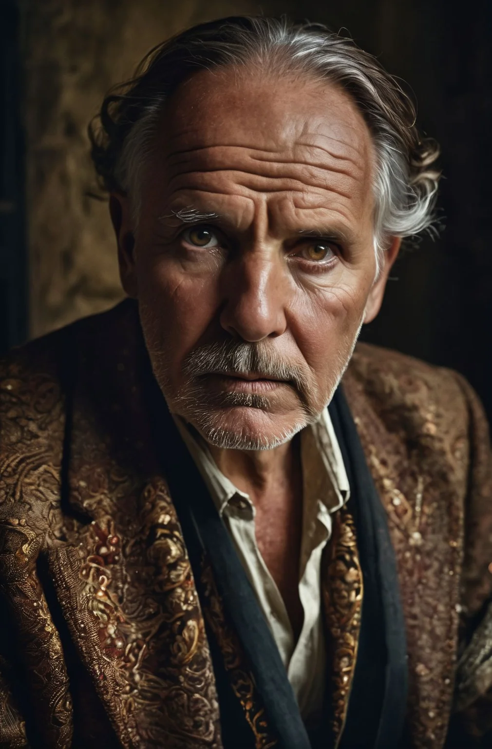 glamour portrait shot (from above:0.5) of rich sophisticated old european in fancy clothes, ((overwhelming fatigue)), wrinkles of age, photorealistic, moody colors, gritty, masterpiece, best quality, (intricate details), (****), eldritch, glow, glowing eyes, (volumetric lighting), unique pose, dynamic pose, dutch angle, 35mm, anamorphic, lightroom, cinematography, film grain, HDR10, 8k hdr, Steve McCurry, ((cinematic)), RAW, color graded portra 400 film, remarkable color, raytracing, subsurface scattering, hyperrealistic, extreme skin details, skin pores, deep shadows, contrast, dark theme,