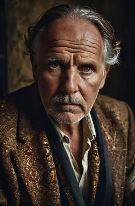 glamour portrait shot (from above:0.5) of rich sophisticated old european in fancy clothes, ((overwhelming fatigue)), wrinkles of age, photorealistic, moody colors, gritty, masterpiece, best quality, (intricate details), (****), eldritch, glow, glowing eyes, (volumetric lighting), unique pose, dynamic pose, dutch angle, 35mm, anamorphic, lightroom, cinematography, film grain, HDR10, 8k hdr, Steve McCurry, ((cinematic)), RAW, color graded portra 400 film, remarkable color, raytracing, subsurface scattering, hyperrealistic, extreme skin details, skin pores, deep shadows, contrast, dark theme,