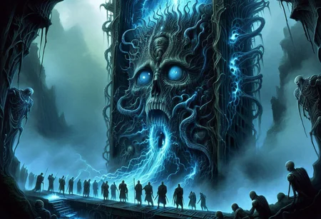 score_9, score_8_up, score_7_up, A group of explorers standing in awe before a massive ancient tomb, its towering entrance adorned with mysterious carvings and glowing runes. They are oblivious to the danger of a lurking cosmic horror, hidden in the shadows above. The creature has a surreal, monstrous form, with tentacles and countless glowing, unblinking eyes watching the explorers unknowingly. The scene is illuminated by faint torchlight and eerie bioluminescence from the tomb, creating a suspenseful and foreboding atmosphere. The environment is filled with ancient, cracked stone, overgrown vegetation, and a misty, otherworldly glow