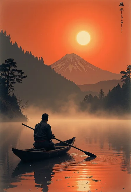 linquivera, Ink illustration, brown tones, aged black red paper, inkpunk, moonlight, surreal, detailmaximizer, BREAK detailed painting of japanese fisherman punting on lake, misty, mount fuji in background, faint sunlight