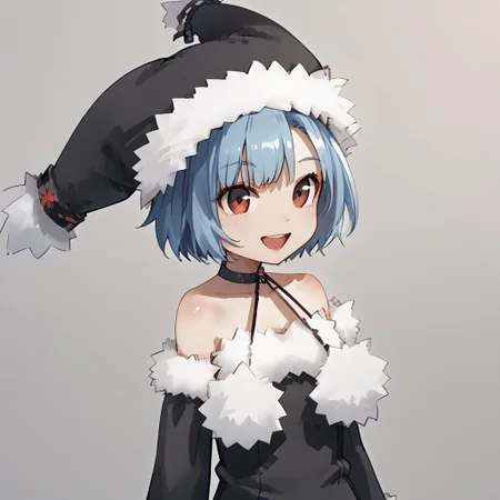 1girl_Witch, blue hair,red eyes,solo,fur-trimmed sleeves, hat, pantyhose, fur-trimmed black dress, fur-trimmed black clothes, fur-trimmed black headwear, fur-trimmed boots , black footwear, bare shoulders, pom pom \(clothes\), choker, detached sleeves,standing,smile,open mouth,((close-up face)),Night forest, Halloween, 👻🎃, night festival,👻,