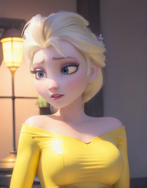 nude,elsa,(yellow dress:1.3),makeup,detail face,blush,purple eyeshadow, upper body, <lora:elsa-fullbody-v1:0.1>,<lora:elsa-face-v1:0.95> ,  simple background, looking one side,
