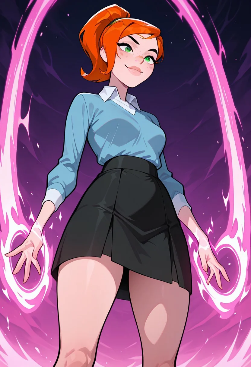 ((screencap, cartoon)) , masterpiece, best quality, amazing quality, very aesthetic, absurdres, newest,
ovgwen, green eyes, orange hair, 1girl, freckles,, lips
ponytail, blue shirt, white collar, black skirt, long sleeves,
magic powers, pink powers, from below, magic constructs, magic, smile,