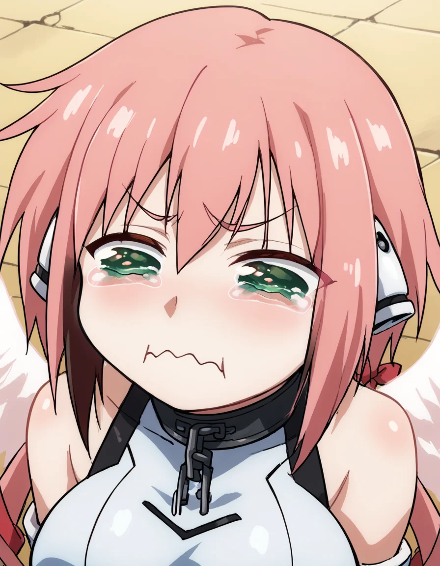 score_9, score_8_up, score_7_up, source_anime, <lora:ikaros-s2-ponyxl-lora-nochekaiser:1>, ikaros, long hair, bangs, large breasts, twintails, very long hair, green eyes, hair ribbon, pink hair, angel wings, robot ears, collar, chain, large breasts,, <lora:aqua-about-to-cry-ponyxl-lora-nochekaiser:1> crying aqua, crying aqua (meme), crying, tearing up, tears, wavy mouth,, ,