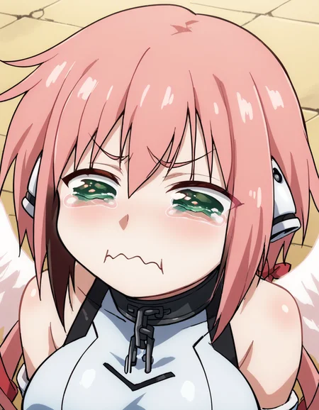 score_9, score_8_up, score_7_up, source_anime, <lora:ikaros-s2-ponyxl-lora-nochekaiser:1>, ikaros, long hair, bangs, large breasts, twintails, very long hair, green eyes, hair ribbon, pink hair, angel wings, robot ears, collar, chain, large breasts,, <lora:aqua-about-to-cry-ponyxl-lora-nochekaiser:1> crying aqua, crying aqua (meme), crying, tearing up, tears, wavy mouth,, ,