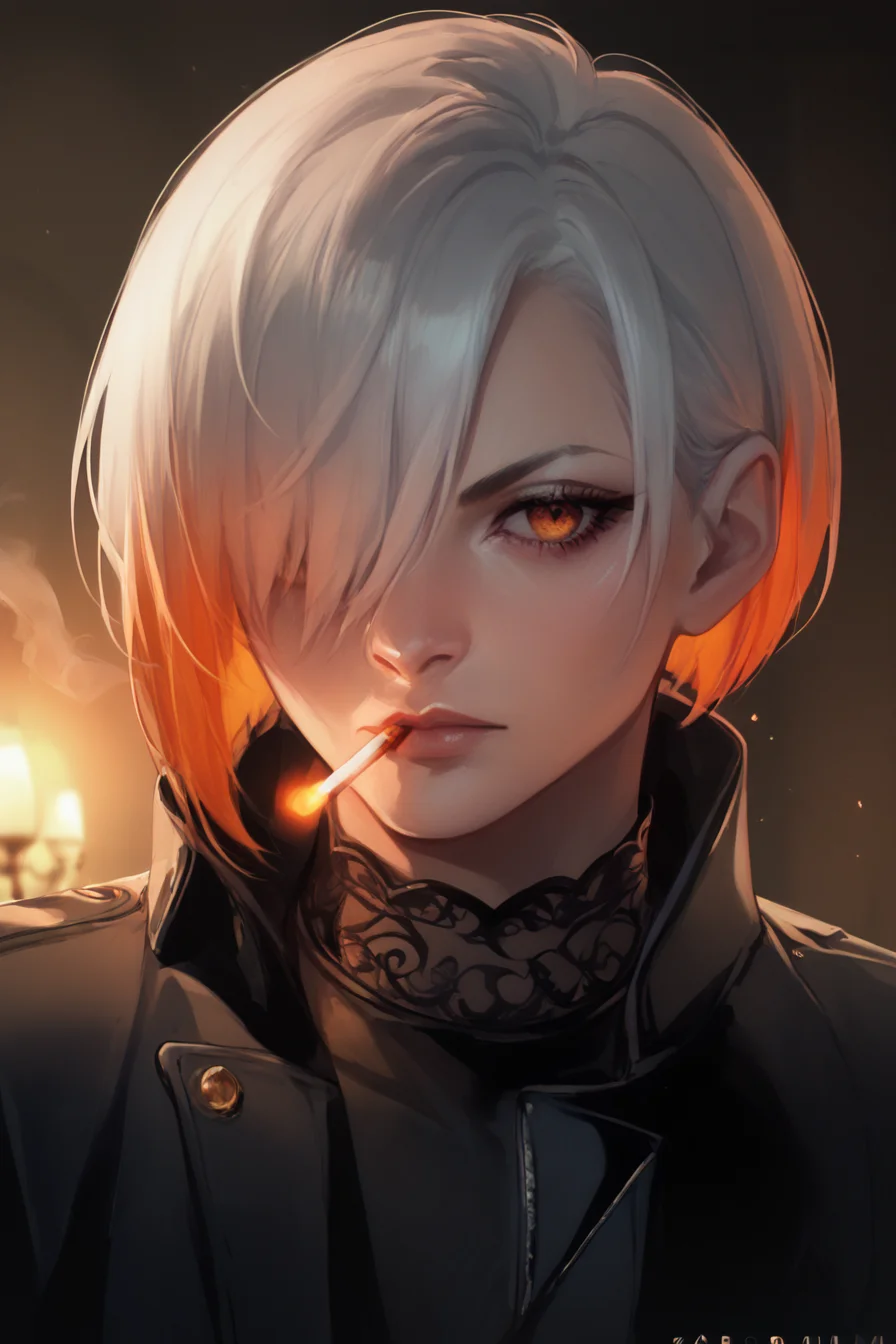 score_9, score_8_up, score_7_up, score_6_up, Girl, white hair, orange inner colored hair, bob haircut over one eye, gloves, orange eyes, portrait,  lace collar, black latex suit ,  black jacket,  smoking, night , 8k, hd, soft light, cinematic light, Very detailed,   indoors, <lora:Perfect Hands v2:1>  <lora:DeusEX_r1:1> <lora:Sakimi:1>