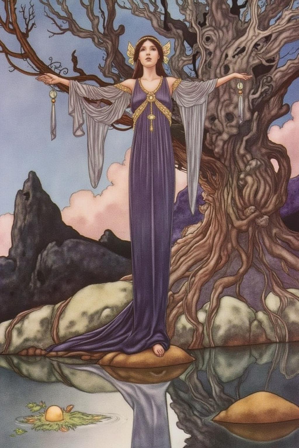 charob1 illustration.
A woman standing on a narrow, rocky ledge above a serene, shallow body of water. She is a slender figure with long, flowing brown hair and a serene expression. She wears a flowing, deep purple dress with intricate golden accents. There is an old gnarly tree behind here.
  <lora:charob1_cap_d6a3e11:1.0><lora:824699069042694704:0>