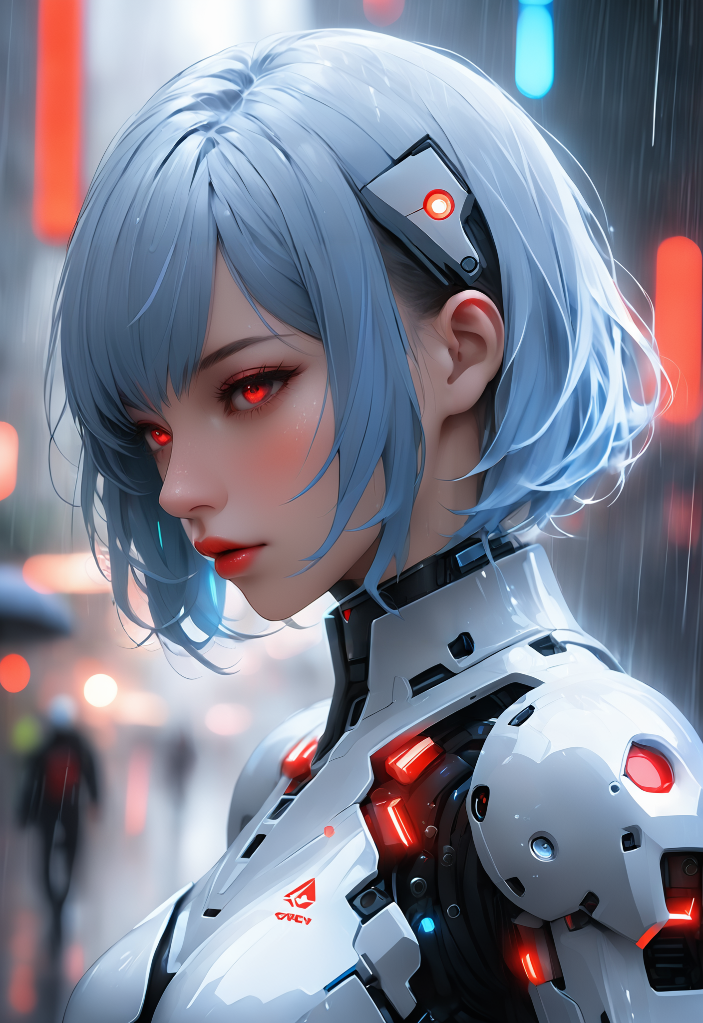 1girl, solo, breasts, looking at viewer, short hair, bangs, red eyes, closed mouth, blue hair, upper body, white hair, blurry, from side, lips, depth of field, blurry background, glowing, letterboxed, science fiction, rain, android, cyborg, robot joints, cyberpunk