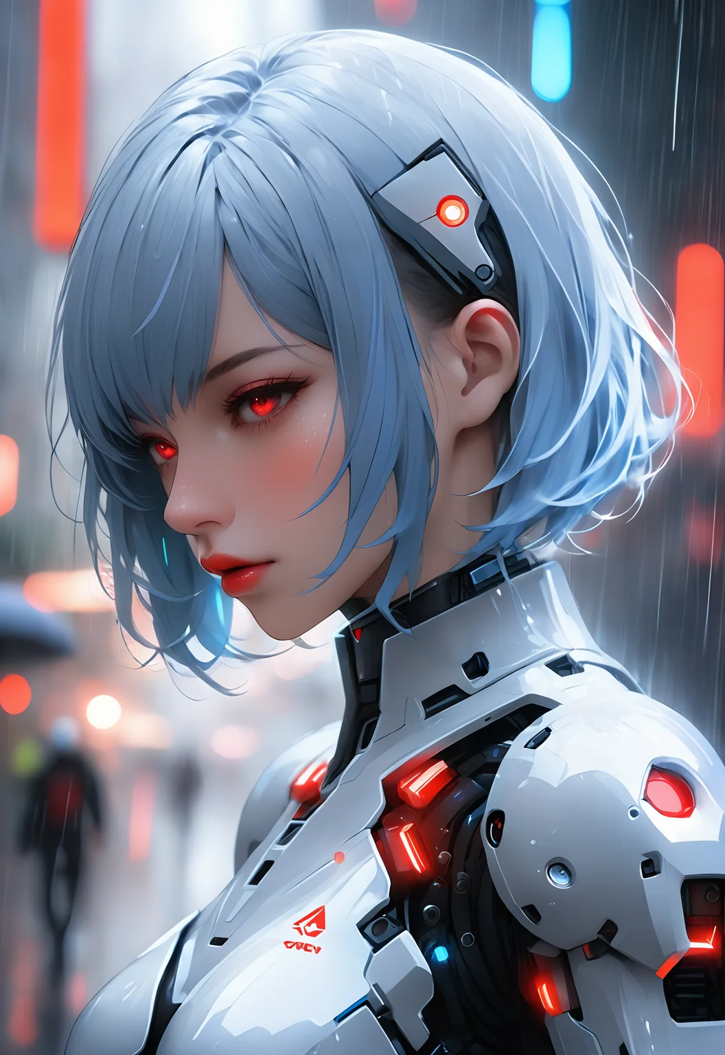 1girl, solo, breasts, looking at viewer, short hair, bangs, red eyes, closed mouth, blue hair, upper body, white hair, blurry, from side, lips, depth of field, blurry background, glowing, letterboxed, science fiction, rain, android, cyborg, robot joints, cyberpunk