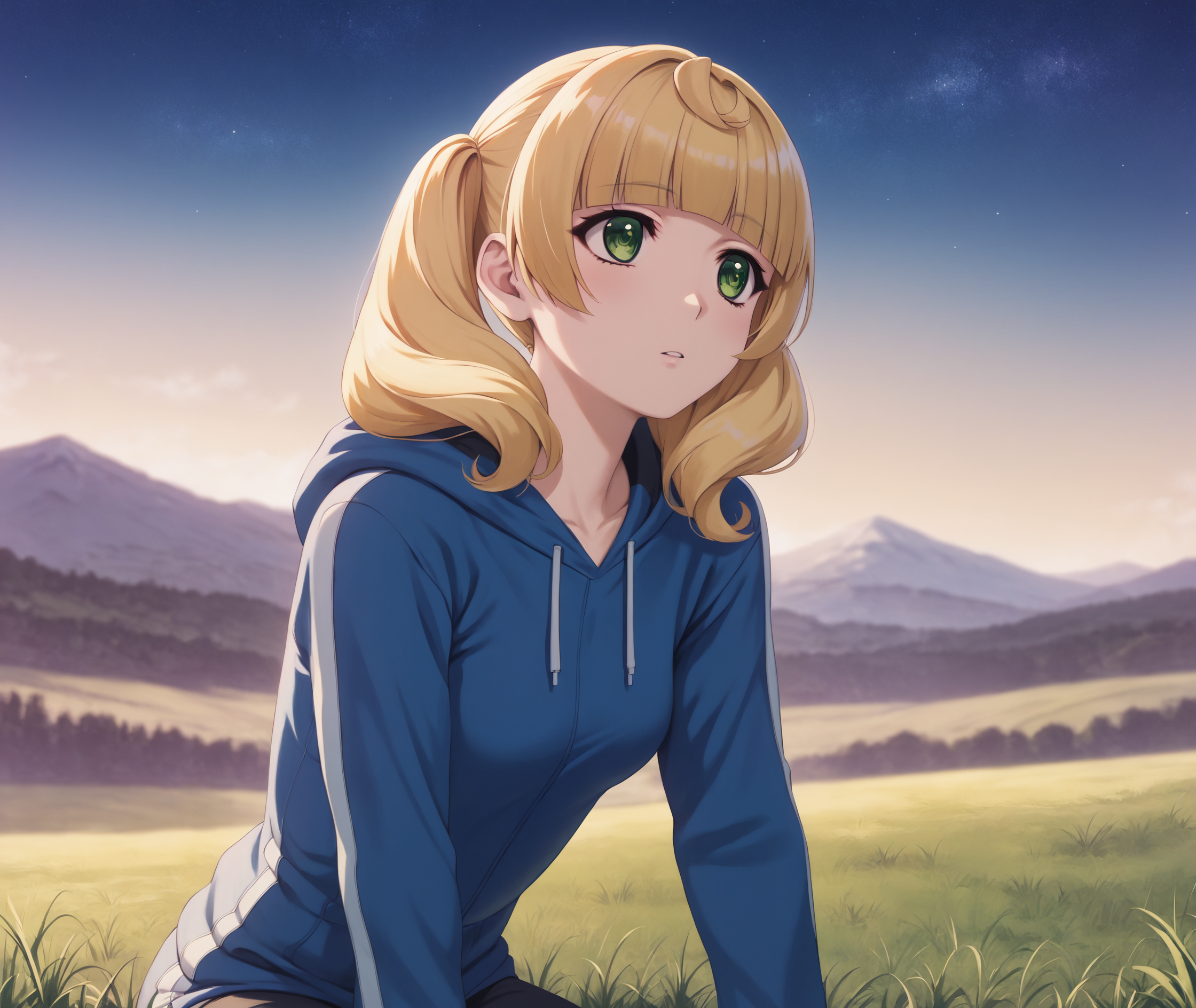 score_9, score_8_up, score_7_up, highres, hi res, best quality, masterpiece, 2d, intricate details, 4k, anime coloring,
1girl, solo, female, solo focus, blonde hair, twintails, green eyes, blunt bangs, sidelocks,
breasts, medium breasts, small breasts, 
sports suit, hoodies, long sleeves, blue hoodie, 
sitting, leaning forward, cowboy shot, head tilt, looking up, looking at another, outdoors, on grass, field, depth of field, mountain, horizon, outdoors, forest, field, night, sky, night sky, star \(sky\), starry sky, <lora:Yuzu1024_Pony:1>, ren'ai boukun, kichougasaki yuzu,