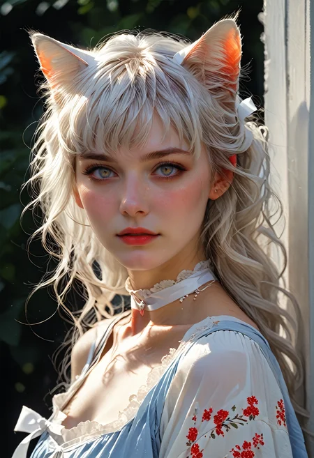 ASCII, toonish OLED, score_9, score_8_up, score_7_up, score_6_up, 1girl, red eyes, soft freckles, white hair, bangs, strands of hair falling over the face, long hair, cat ears, ((full body, eyes view)), medium breasts, simple grey background <lora:SnowFoxeij-000006:1>, white ribbon choker, looking to viewer, cute face, blue summer dress, cat tail