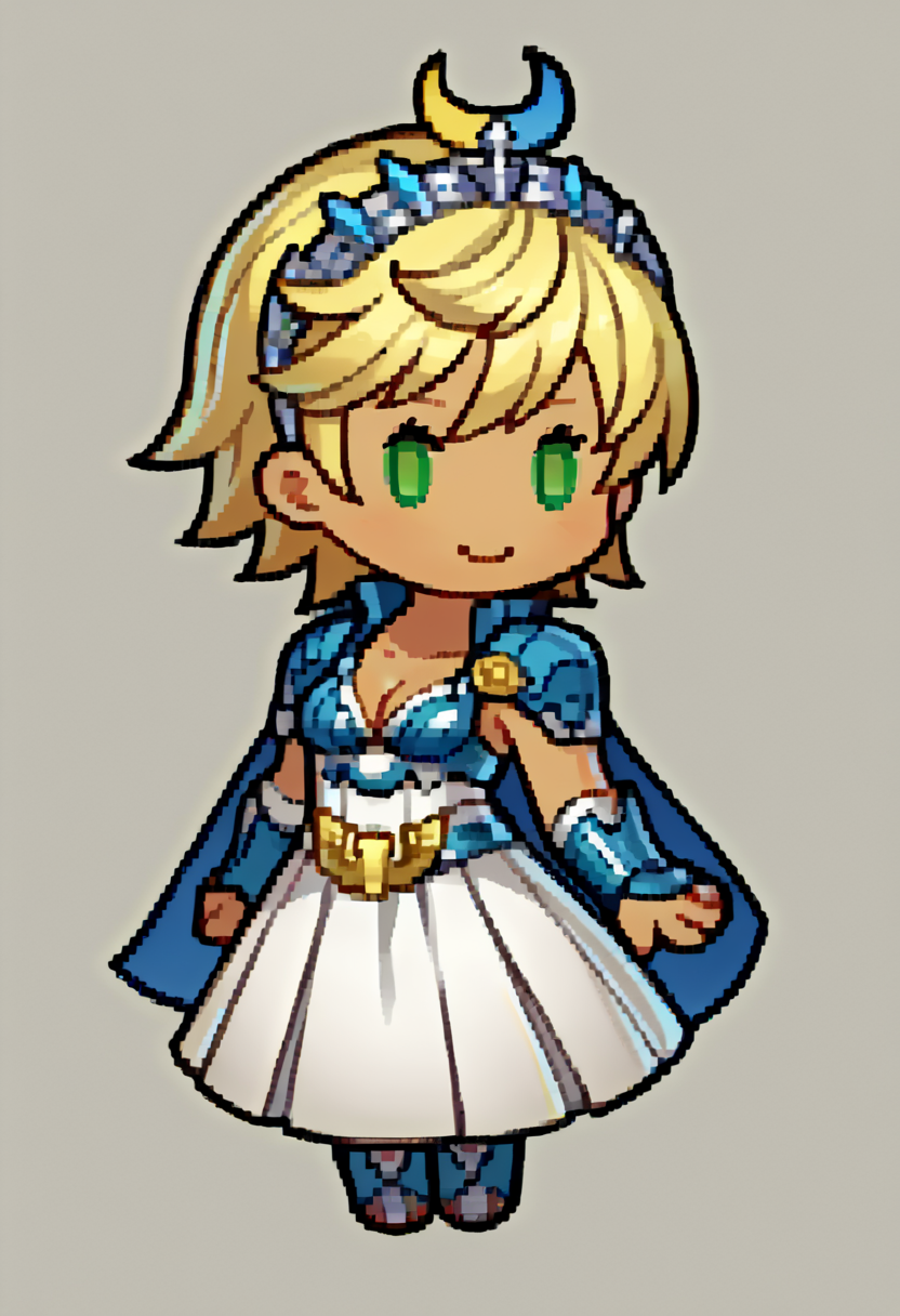 score_9, score_8_up, score_7_up, source_anime, BREAK, solo, 1girl, <lora:Feh-Sprites-pdxl_Fp:1>, simple background, chibi, full body, <lora:zs_ArtemisXL:1>, artemissmtv, dark skin, blonde hair, short hair, green eyes, hair ornament, dress, cleavage, elbow gloves, cape, smile,