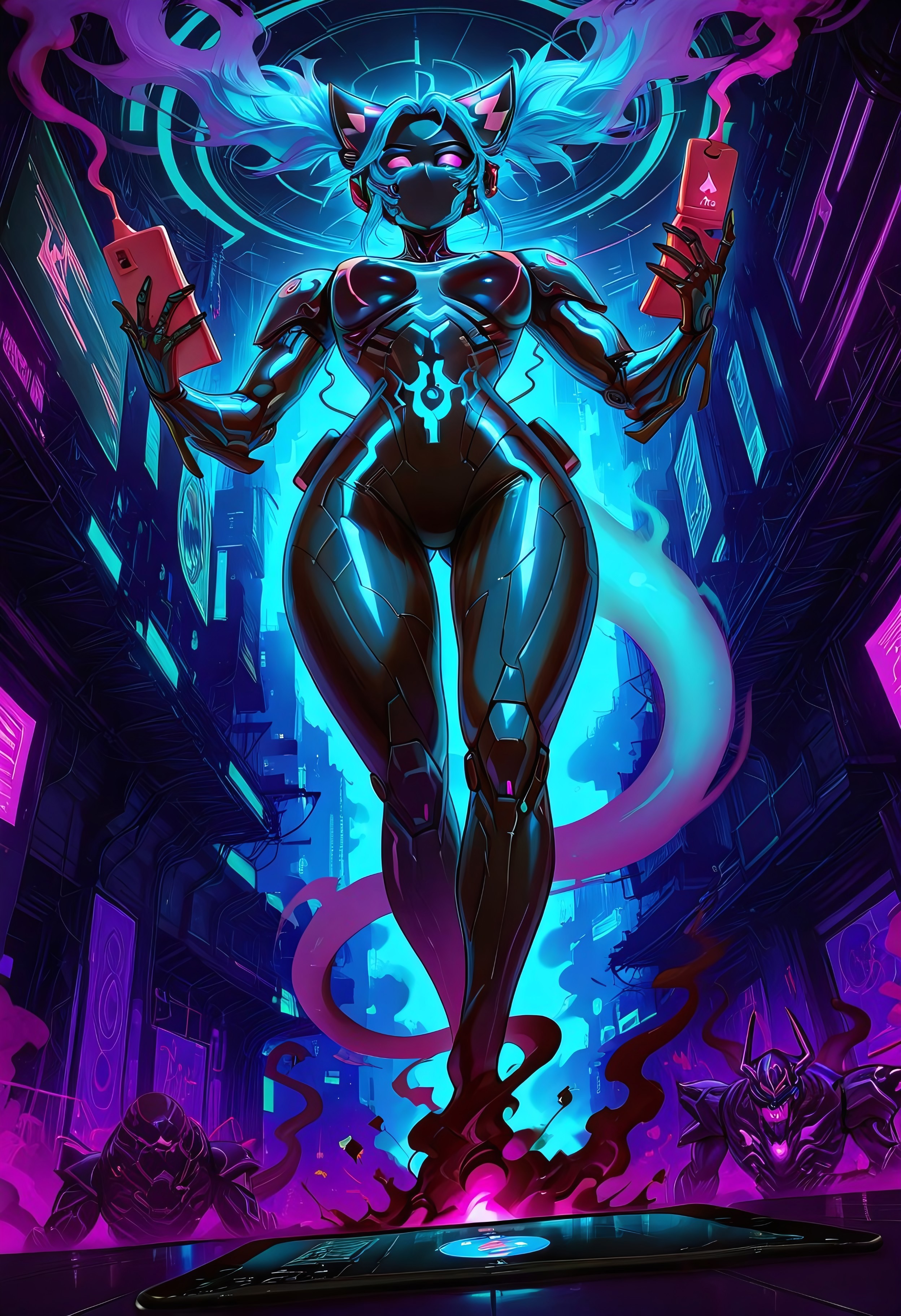 two figures, action scene, focus on a giant blue smoky glowing techno horned (g3nie), genie tail, monstrous creature of neon smoke, holographic cyborg, rises from a witch's dropped tablet-style cell phone, filling the scene, towering above, from below, a neon cat-eared cell phone. high-tech sorcery, ultra-detailed, 8K resolution, hyper realistic reflections, anime cyber-fantasy, dramatic composition, dynamic poses, Dutch angle, extreme perspective, vibrant colors, cyberpunk aesthetic.



