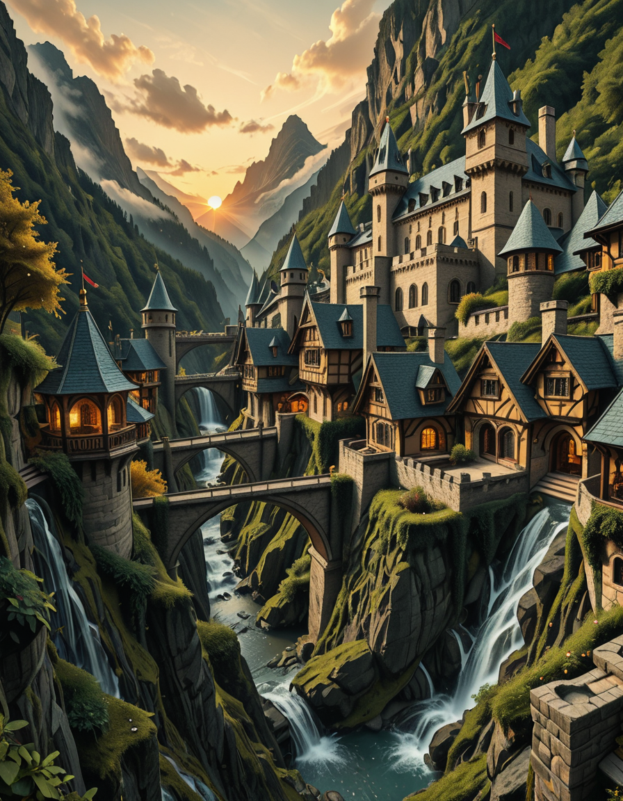 A breathtaking medieval fantasy city nestled in a lush valley, surrounded by towering mountains and dense forests. A grand castle with multiple towers and turrets stands atop a hill, overlooking the town below. The city consists of charming half-timbered houses with glowing windows, perched on rocky cliffs and connected by stone bridges over cascading waterfalls. The river flows through the village, reflecting the warm golden lights of lanterns and torches. Ivy and moss grow over the stone walls, adding to the enchanted, ancient atmosphere. The background features misty mountains with additional fortresses and watchtowers, partially hidden by low-hanging clouds. The sky is illuminated by a soft, warm sunset, casting a golden glow on the scenery, creating a perfect blend of realism and fantasy. Highly detailed, cinematic, and immersive, with a magical, fairy-tale ambiance.
<lora:SDXLFaeTastic2400:0.4> <lora:extremely_detailed:0.4> extremely detailed, ,medieval f4nt4sy c1ty <lora:medieval_f4nt4sy_c1ty-i:1>, Masterpiece,best quality,hi res,8k,hi res,8k,award winning,(sharp focus, intricate, highly detailed),